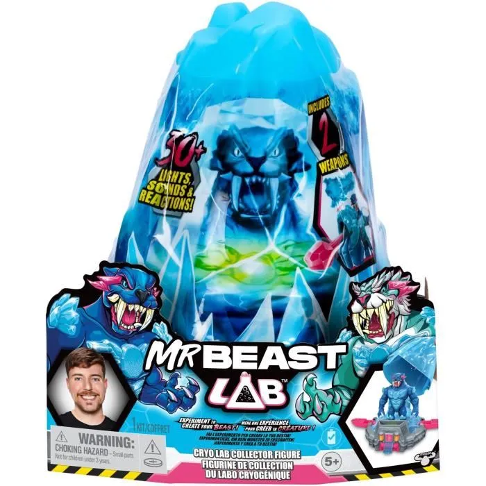 Moose Toys Cryo Lab MrBeast Lab - Jouet scientifique interactif 18 cm, 30 lumières et sons, 2 fauves articulés à collectionner (Cryo Panther et Cryo Tiger)