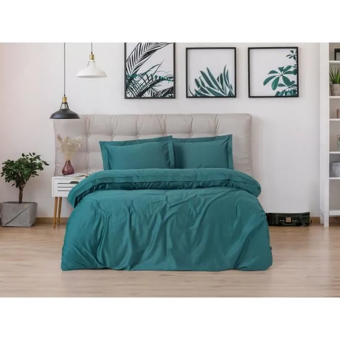 Ensemble de linge de lit - Housse de couette 240x220 cm + 2 taies d'oreiller 60x60 cm en satin de coton 100% - Bleu pétrole - 210 fils - Fermeture à boutons Ensemble de linge de lit - Housse de couette 240x220 cm + 2 taies d'oreiller 60x60 cm en satin de coton 100% - Bleu pétrole - 210 fils - Fermeture à boutons
