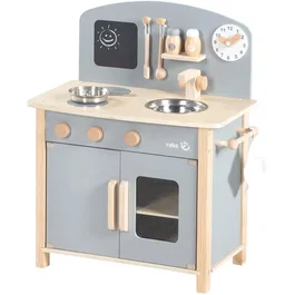 Roba - Cuisine enfant en bois avec plaque de cuisson, four, évier, 7 accessoires et horloge éducative - Couleurs Gris et Naturel - Pour enfant dès 3 ans