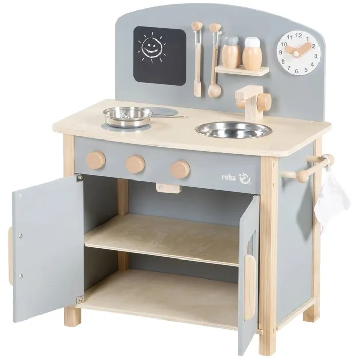 Roba - Cuisine enfant en bois avec plaque de cuisson, four, évier, 7 accessoires et horloge éducative - Couleurs Gris et Naturel - Pour enfant dès 3 ans