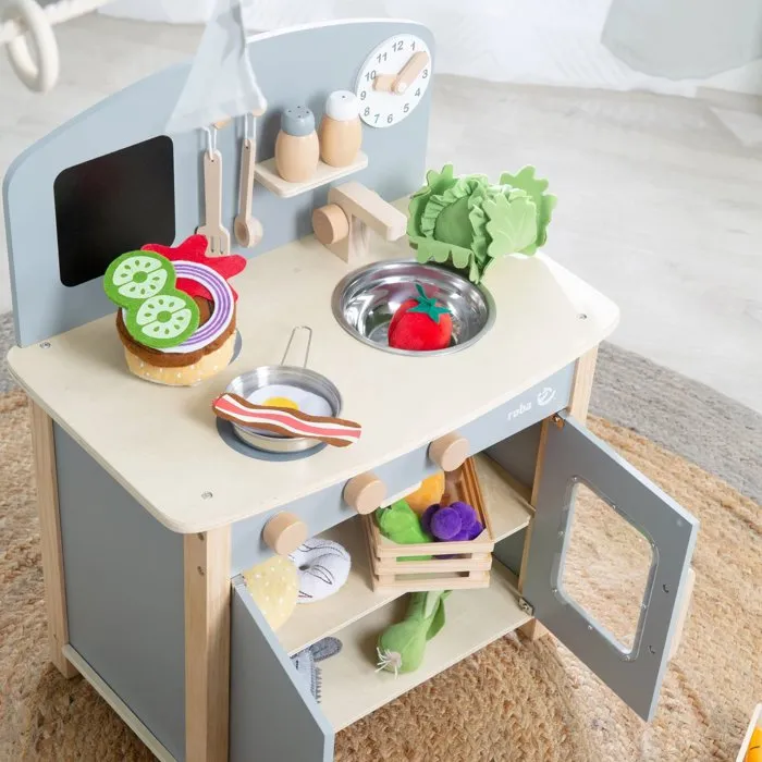 Roba - Cuisine enfant en bois avec plaque de cuisson, four, évier, 7 accessoires et horloge éducative - Couleurs Gris et Naturel - Pour enfant dès 3 ans