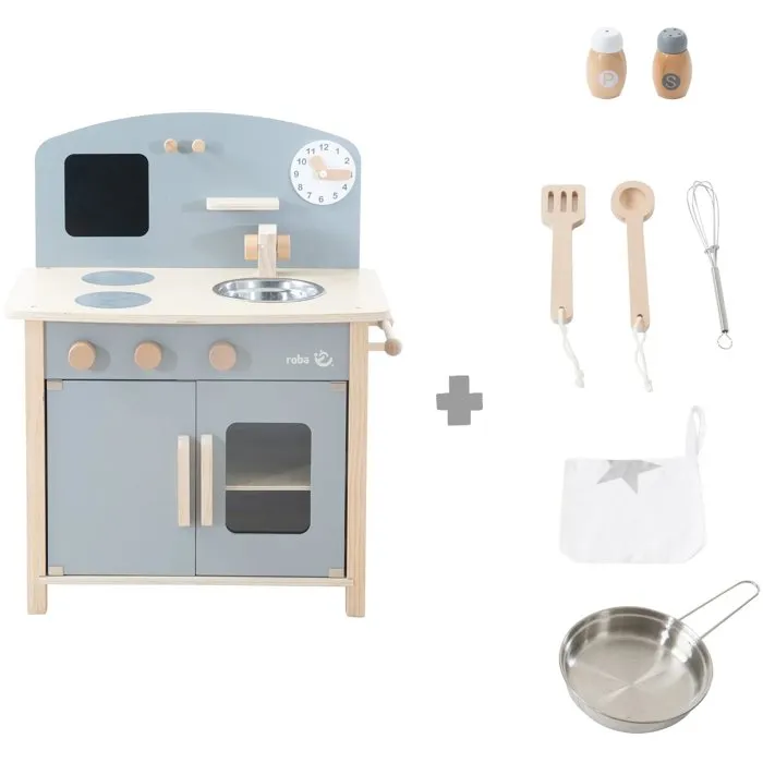Roba - Cuisine enfant en bois avec plaque de cuisson, four, évier, 7 accessoires et horloge éducative - Couleurs Gris et Naturel - Pour enfant dès 3 ans