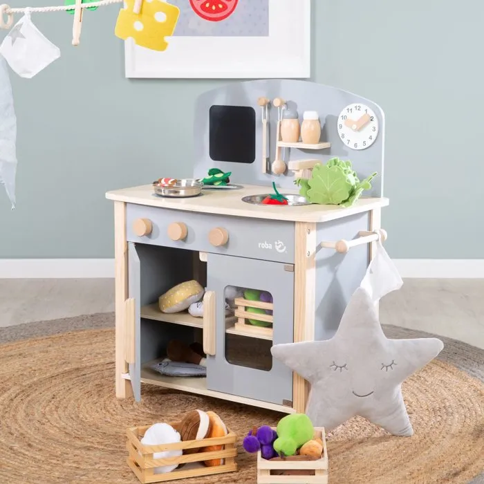 Roba - Cuisine enfant en bois avec plaque de cuisson, four, évier, 7 accessoires et horloge éducative - Couleurs Gris et Naturel - Pour enfant dès 3 ans