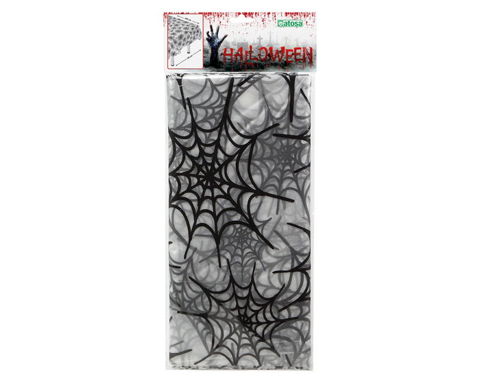 Mantel blanc 135x250 cm avec motif de toiles d'araignée noires, décoration pour Halloween, anniversaire à thème ou diner mystérieux