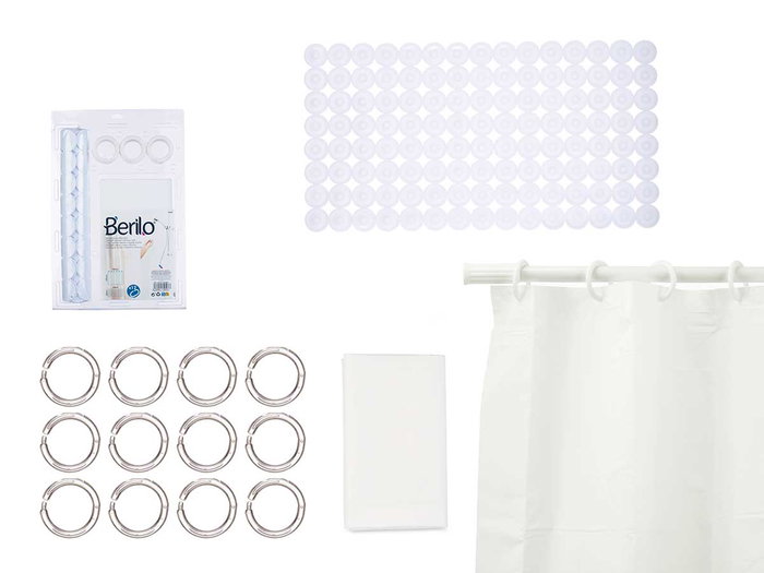 BERILO Set de rideau de douche PEVA et tapis de douche blanc BERILO Set de rideau de douche PEVA et tapis de douche blanc
