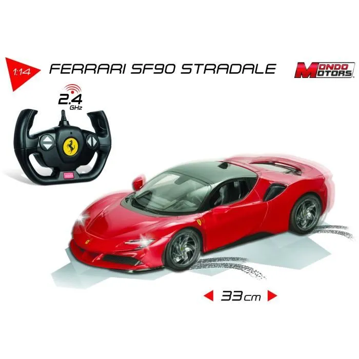 Mondo Motors - Véhicule Radiocommandé Ferrari SF90 Stradale - Échelle 1:14 - 33 cm - Phares Lumineux - Vitesse 9 km/h - Direction Toutes Directions