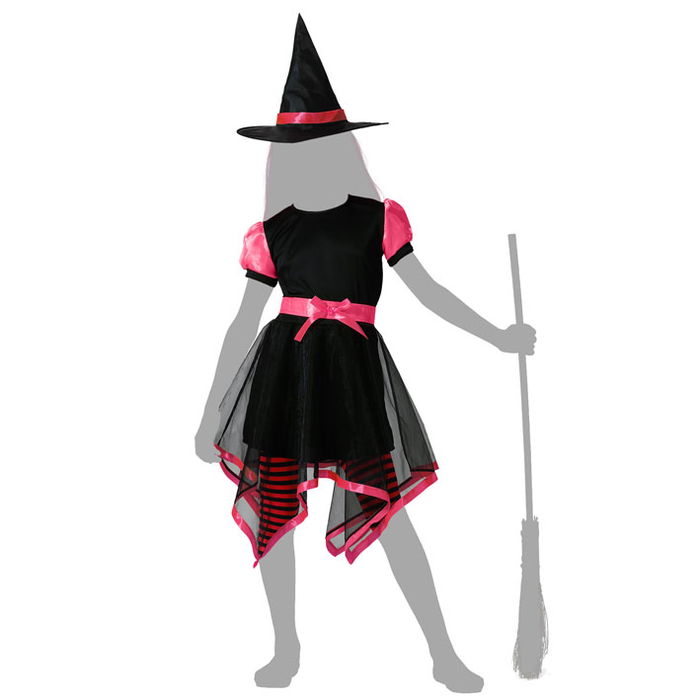 Déguisement Halloween pour Enfant, Costume de Sorcière Rose et Noir avec Robe Courte et Chapeau Pointu pour Fille, Taille 7-9 Ans