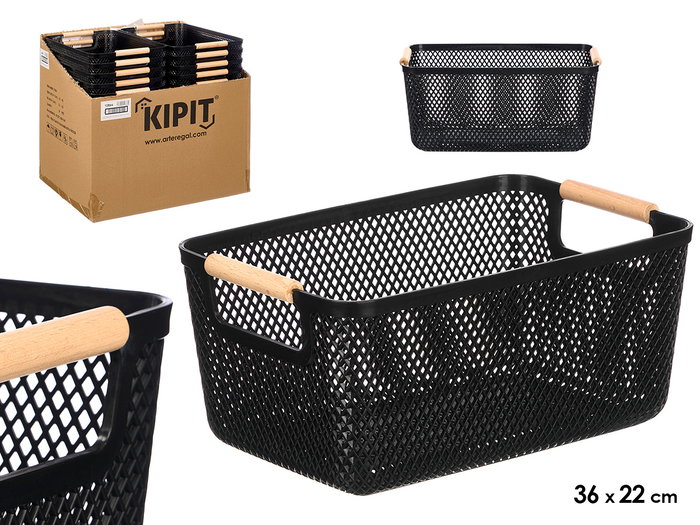 KIPIT Panier en plastique avec anses en bambou Noir 36x22cm KIPIT Panier en plastique avec anses en bambou Noir 36x22cm