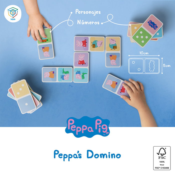 DEQUBE Jeu de domino en bois Peppa Pig avec 28 pièces doubles faces - Boîte de rangement en tissu inclus - À partir de 2 ans