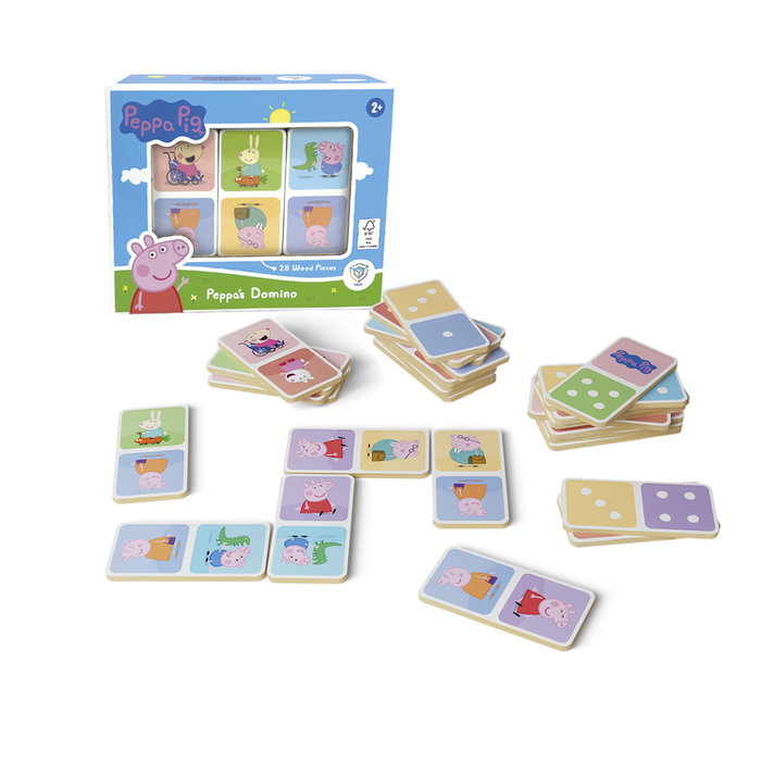 DEQUBE Jeu de domino en bois Peppa Pig avec 28 pièces doubles faces - Boîte de rangement en tissu inclus - À partir de 2 ans