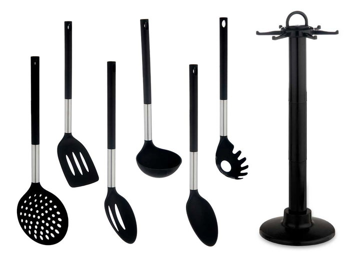 Kinvara Set de 7 Ustensiles de Cuisine Noir et Argent Dimensions 14 x 38 x 14 cm (Set de 6)