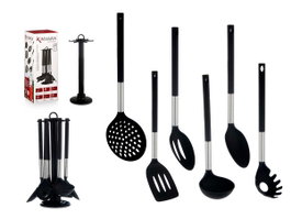 KINVARA Set de 7 Ustensiles de Cuisine Noir et Argent avec Support