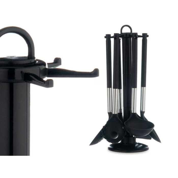 KINVARA Set de 7 Ustensiles de Cuisine Noir et Argent avec Support