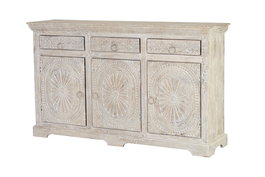 GINER Y COLOMER - Buffet 3 portes et 3 tiroirs en bois de manguier massif, finition blanc vieilli antique, dimensions 90 x 150 x 40 cm