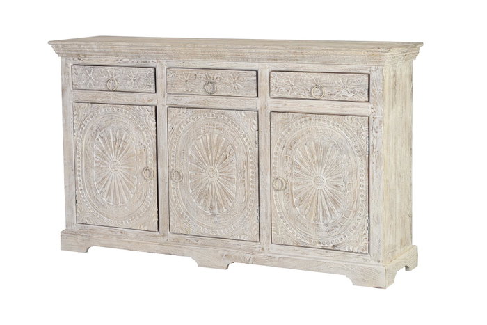 GINER Y COLOMER - Buffet 3 portes et 3 tiroirs en bois de manguier massif, finition blanc vieilli antique, dimensions 90 x 150 x 40 cm GINER Y COLOMER - Buffet 3 portes et 3 tiroirs en bois de manguier massif, finition blanc vieilli antique, dimensions 90 x 150 x 40 cm