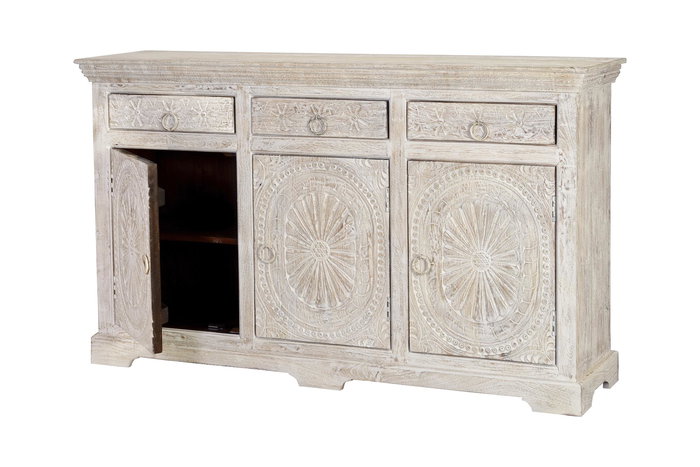 GINER Y COLOMER - Buffet 3 portes et 3 tiroirs en bois de manguier massif, finition blanc vieilli antique, dimensions 90 x 150 x 40 cm