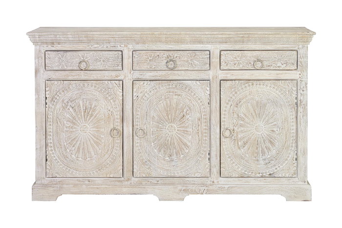 GINER Y COLOMER - Buffet 3 portes et 3 tiroirs en bois de manguier massif, finition blanc vieilli antique, dimensions 90 x 150 x 40 cm