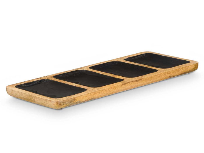 Giftdecor Bandeja Rectangulaire 4 Compartiments en Bois de Manguier Noir 46x3x17 cm (Set de 6)