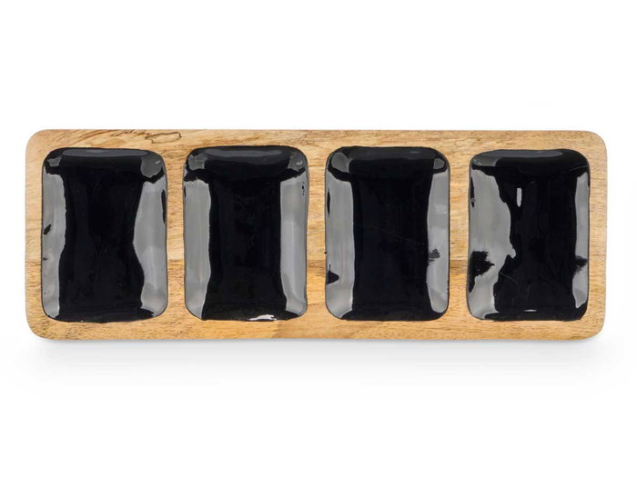 Giftdecor Bandeja Rectangulaire 4 Compartiments en Bois de Manguier Noir 46x3x17 cm (Set de 6)