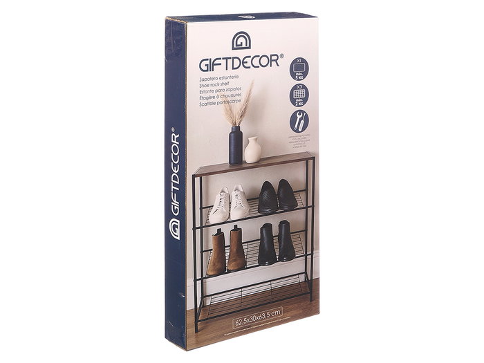 Giftdecor Étagère à Chaussures 4 Tablettes Métal et Bois Noir et Naturel 63,5 x 8 x 30 cm