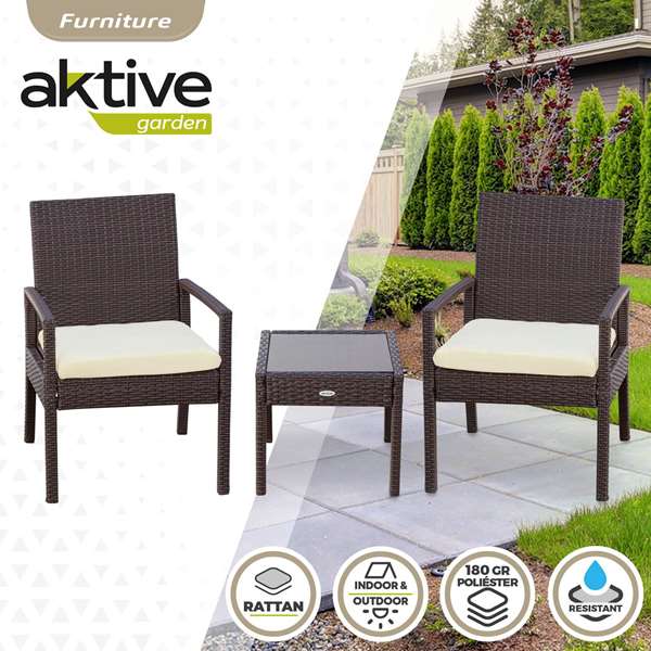 Color Baby aktive - Ensemble de salon 2 fauteuils avec table basse, fauteuils 54.5x56x79 cm en métal et rotin, table 43.5x39 cm verre, recommandé dès 3 ans