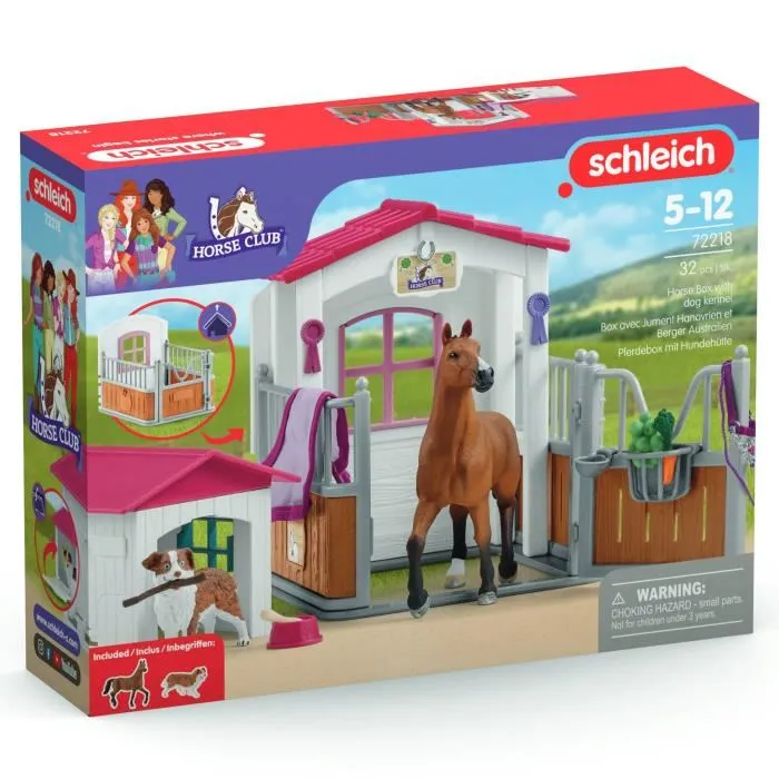 Schleich 72218 Horse Club - Figurine Jument Hanovrien avec Berger Australien, Box et Accessoires, Jouet pour Enfants Dès 5 Ans