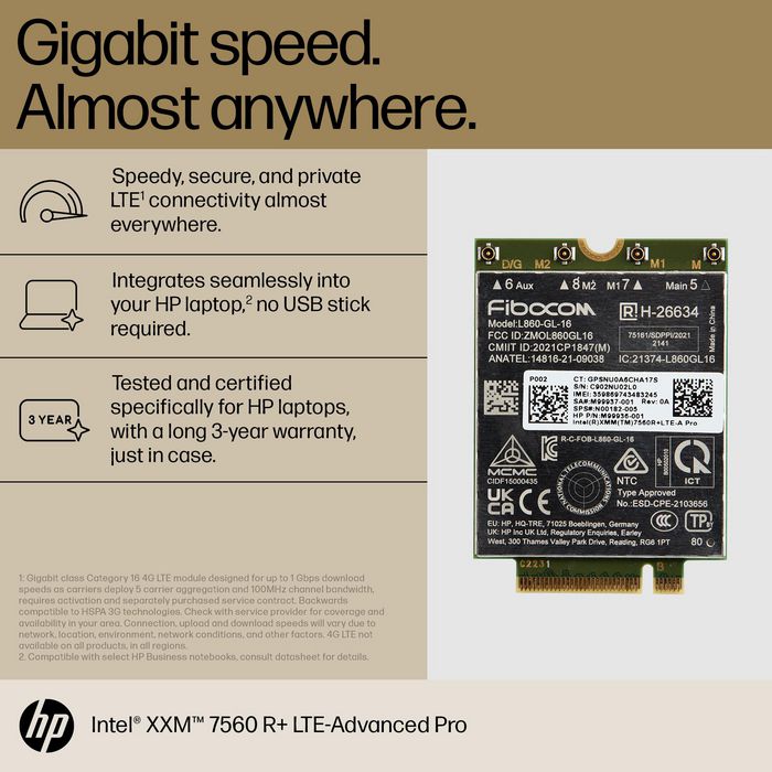 HP Modem WWAN LTE-Advanced Pro Intel XMM 7560 R+ - Vitesse Gigabit, 35 réseaux, pour PC portable