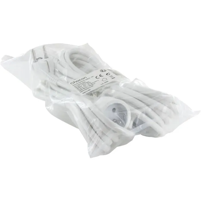 Chacon Rallonge Blanche 3 mètres, 1 Prise 16A 3500W 230V, Fil HO5VVF 3x1.5mm², Lot de 2 pour Usage Intérieur Chacon Rallonge Blanche 3 mètres, 1 Prise 16A 3500W 230V, Fil HO5VVF 3x1.5mm², Lot de 2 pour Usage Intérieur
