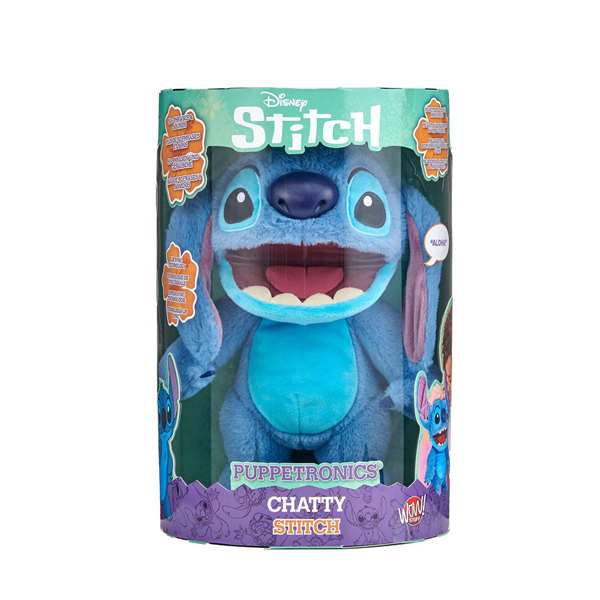 Famosa Peluche interactive Chatty Stitch avec plus de 100 sons et mouvements, répond au toucher et fonctionne comme une marionnette - 33,5x25x14 cm
