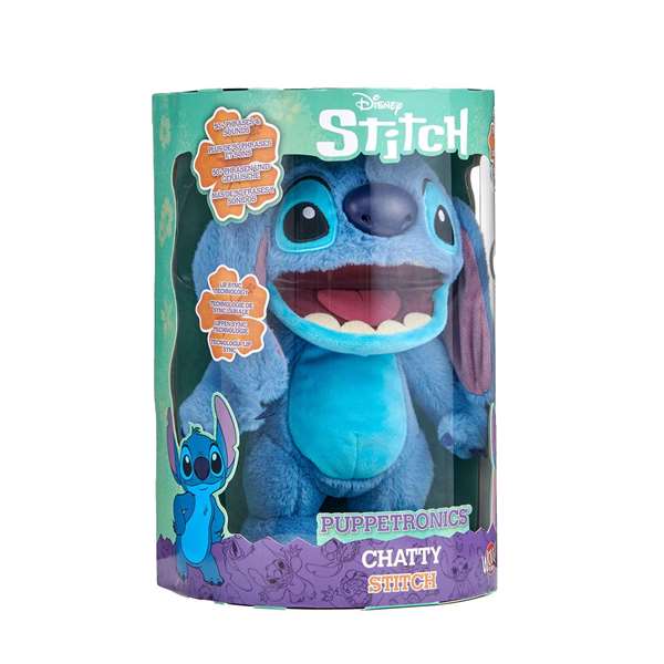 Famosa Peluche interactive Chatty Stitch avec plus de 100 sons et mouvements, répond au toucher et fonctionne comme une marionnette - 33,5x25x14 cm