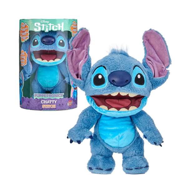 Famosa Peluche interactive Chatty Stitch avec plus de 100 sons et mouvements, répond au toucher et fonctionne comme une marionnette - 33,5x25x14 cm