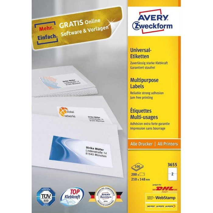 Avery Zweckform Étiquettes autocollantes A4 210 x 148 mm - 100 feuilles référence 3655 pour impression laser et jet d'encre