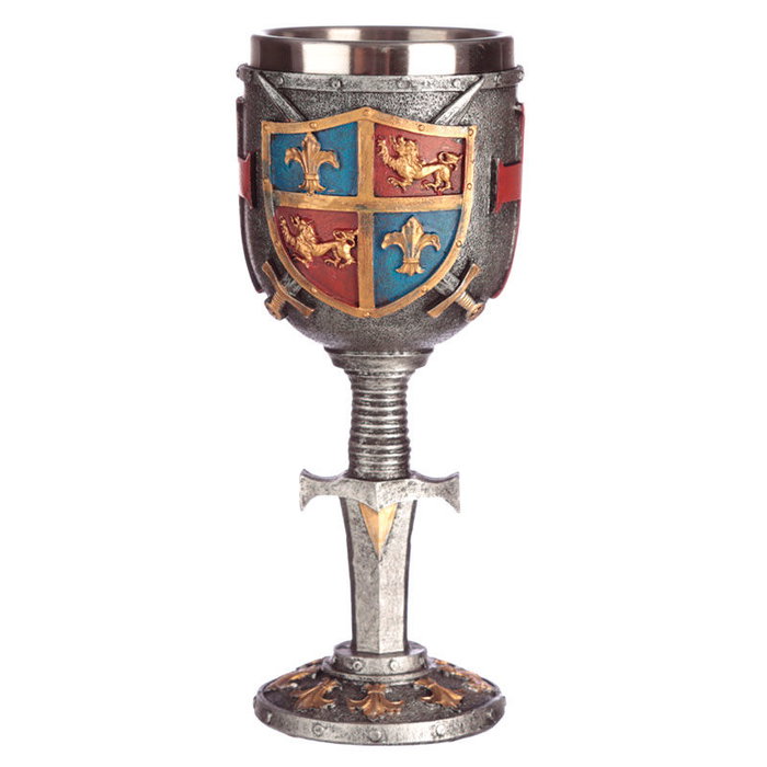 Coupe médiévale bouclier et épée en résine et acier inoxydable - Dimensions : 18 x 7,5 x 8 cm