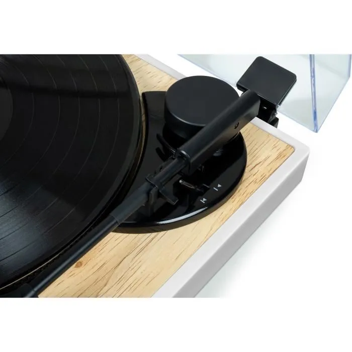 Thomson TT301 Platine Vinyle Belt-Drive avec Tête Audio-Technica AT3600L, Prise RCA, Préampli, 33/45 tours, Arrêt Auto, Blanc et Bois