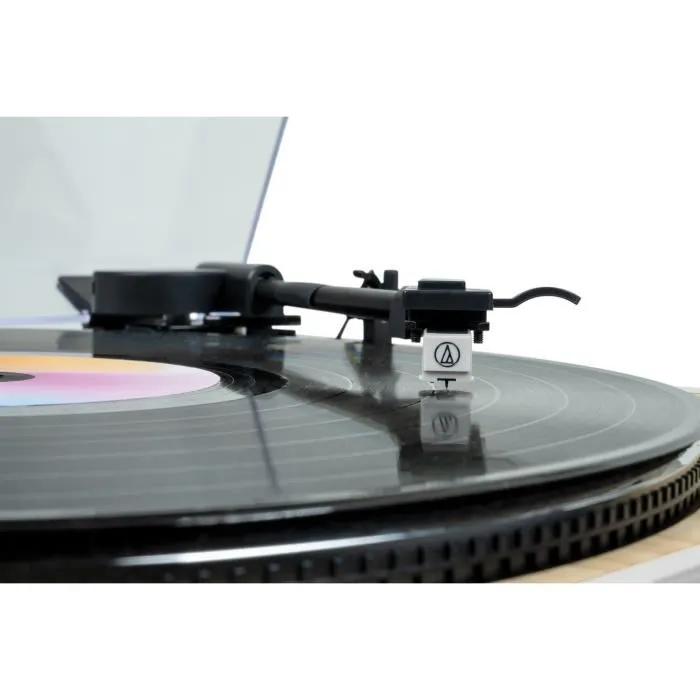 Thomson TT301 Platine Vinyle Belt-Drive avec Tête Audio-Technica AT3600L, Prise RCA, Préampli, 33/45 tours, Arrêt Auto, Blanc et Bois