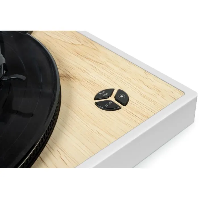 Thomson TT301 Platine Vinyle Belt-Drive avec Tête Audio-Technica AT3600L, Prise RCA, Préampli, 33/45 tours, Arrêt Auto, Blanc et Bois