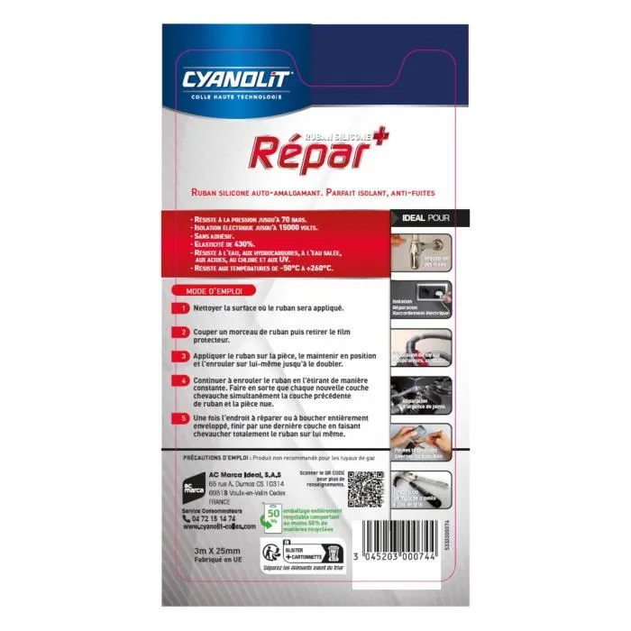 Cyanolit - Ruban adhésif silicone auto-amalgamant pour réparations et isolation, 3m x 25mm, étanche, résistant extrême chaud/froid -50°C à +260°C, haute élasticité
