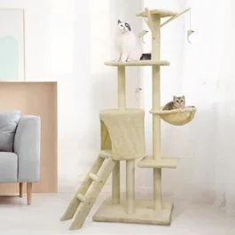 JIPSY Arbre à chat beige 138 cm - 3 plateformes, niche, perchoir, escalier, poteaux à griffer - Réf. ALC12