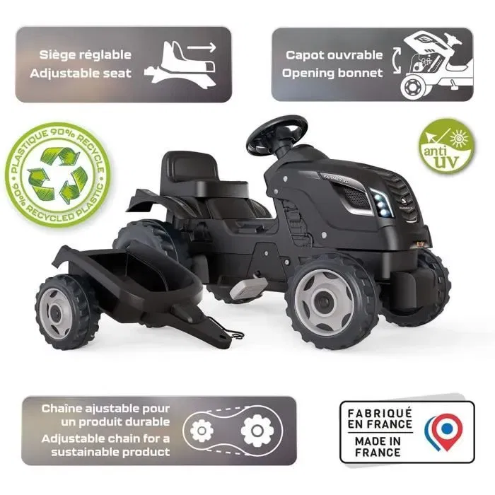 Smoby - Tracteur à pédales Farmer XL avec remorque détachable - Siège ajustable, volant avec klaxon, capot ouvrant - Noir, 90% plastique recyclé, fabriqué en France