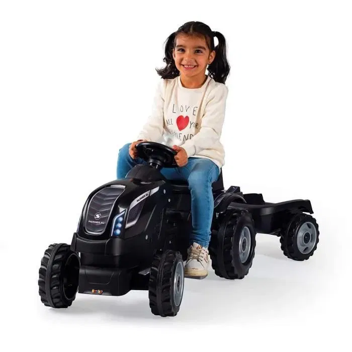 Smoby - Tracteur à pédales Farmer XL avec remorque détachable - Siège ajustable, volant avec klaxon, capot ouvrant - Noir, 90% plastique recyclé, fabriqué en France