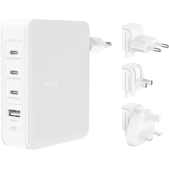 Belkin WCH014btWH BoostCharge Pro 140W Chargeur Murale GaN 3 Ports USB-C 1 USB-A Blanc Belkin WCH014btWH BoostCharge Pro 140W Chargeur Murale GaN 3 Ports USB-C 1 USB-A Blanc