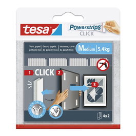 Tesa Powerstrips Click, 4 paires de bandes de suspension (8 x 2 cm) la charge maximale est de 5,4 kg