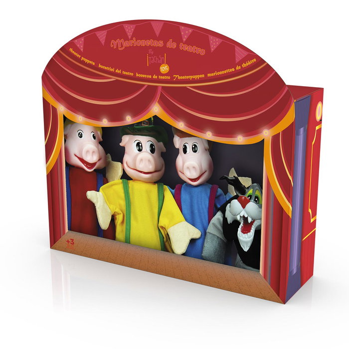 TACHAN - Set de 4 marionnettes à main 'Les Trois Petits Cochons' avec théâtre de jeu en boîte, jeu créatif pour enfant +3 ans TACHAN - Set de 4 marionnettes à main 'Les Trois Petits Cochons' avec théâtre de jeu en boîte, jeu créatif pour enfant +3 ans