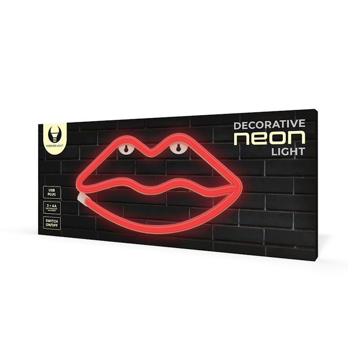 Forever Lampe Néon LED Lips Rouge - Décoration Murale avec Support, Alimentation USB ou Piles, 28x5 cm