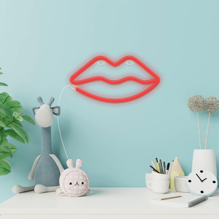 Forever Lampe Néon LED Lips Rouge - Décoration Murale avec Support, Alimentation USB ou Piles, 28x5 cm