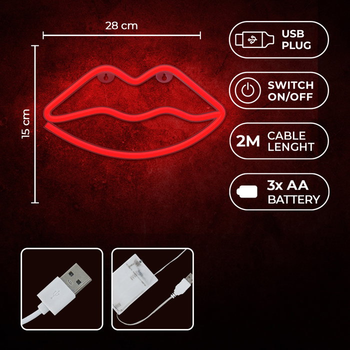 Forever Lampe Néon LED Lips Rouge - Décoration Murale avec Support, Alimentation USB ou Piles, 28x5 cm