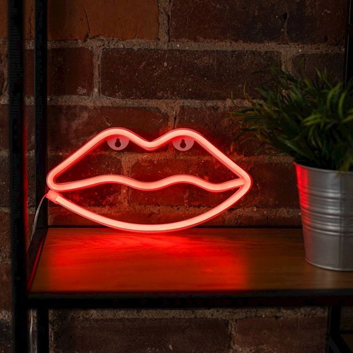 Forever Lampe Néon LED Lips Rouge - Décoration Murale avec Support, Alimentation USB ou Piles, 28x5 cm