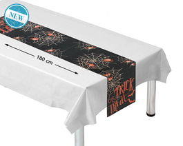 Nappe de table Halloween, noir avec toiles d'araignée blanches, décoration sinistre et élégante, 180 x 35 cm, accessoire pour fête