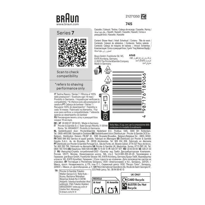 Braun Series 7 Tête de Rasoir avec 3 Lames Flexibles à 360° - Compatible Série 7 70/71/72 - Changement 1 Clic