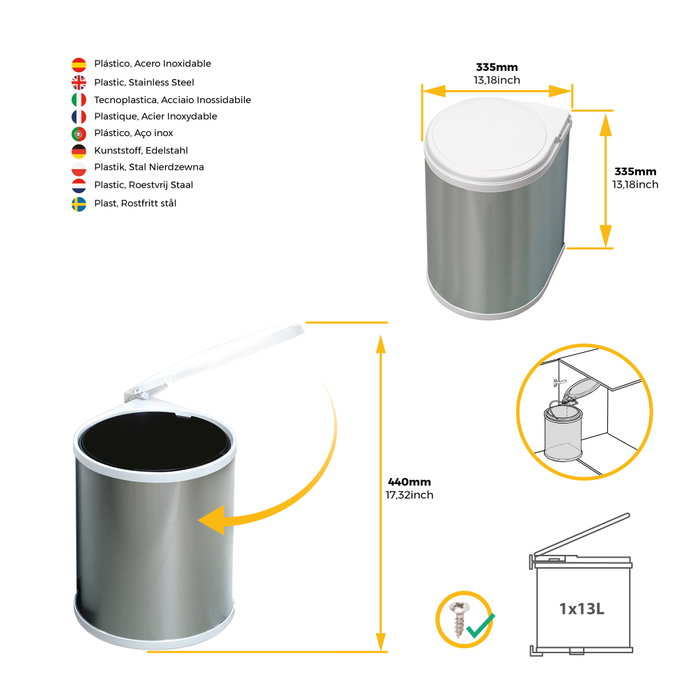 Emuca Bac de recyclage à fixer sur porte de meuble, 1 bac amovible 13 litres, Plastique et Acier inoxydable Emuca Bac de recyclage à fixer sur porte de meuble, 1 bac amovible 13 litres, Plastique et Acier inoxydable